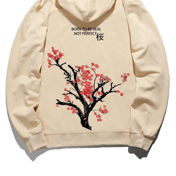 Casual Apricot Men Japanese Letter & Tree Print Hoodie - Picture 2 of 7